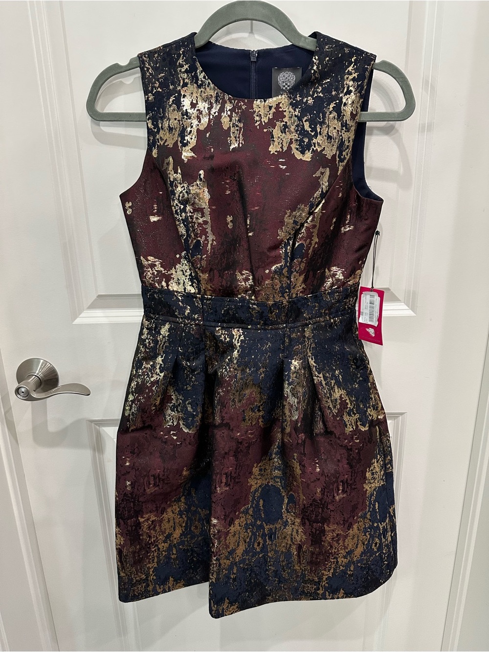 Vince Camuto Burgundy, Navy & Gold Metallic Brocade Mini Dress
